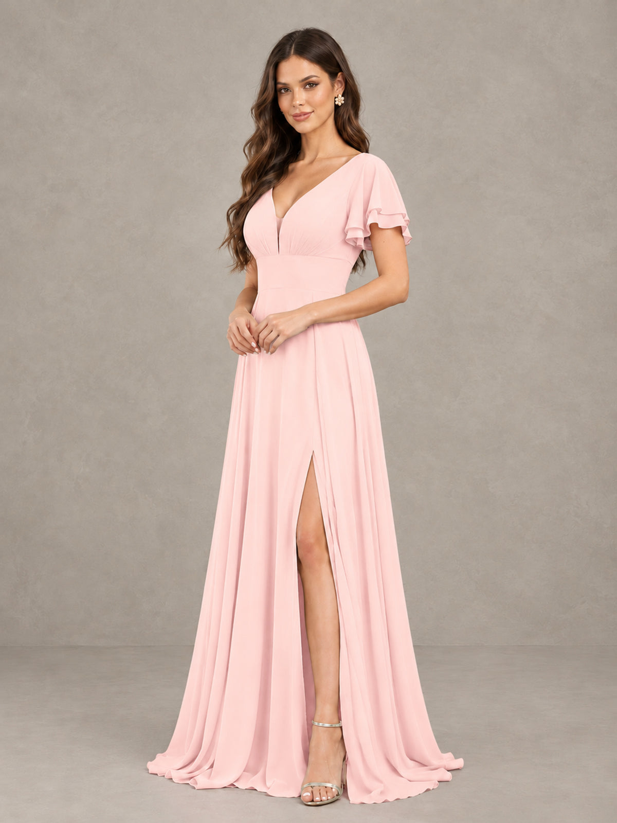BOLODOO Blush Pink Flutter Sleeve Chiffon A-Line Maxi Bridesmaid Dress with Open Back & Slit - Blush Pink - Blush Pink (3)