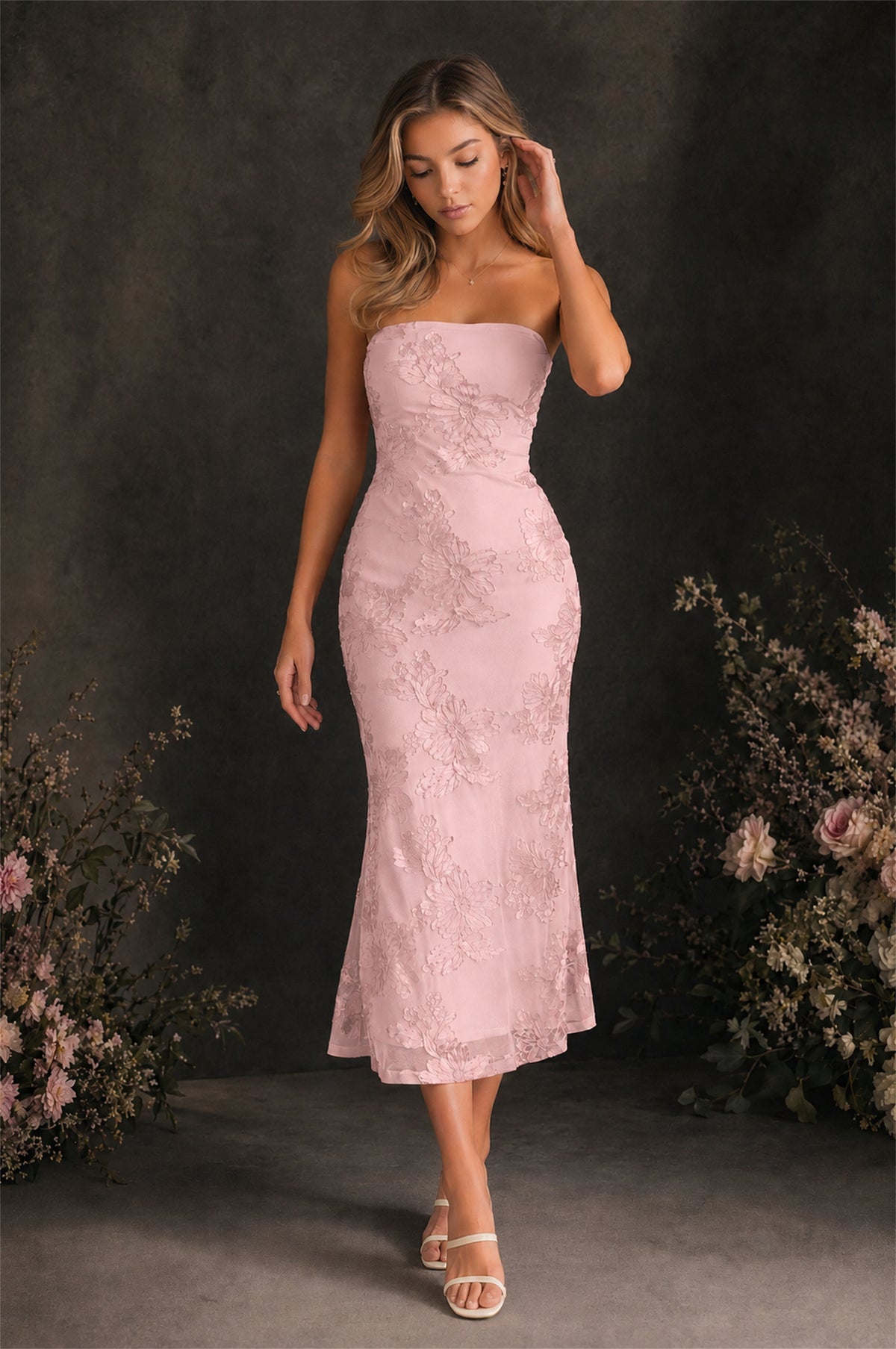 BOLODOO Blush Pink Tonal Floral Embroidered Mesh Strapless Open Back Bodycon Midi Tea Length Dress - Blush Pink