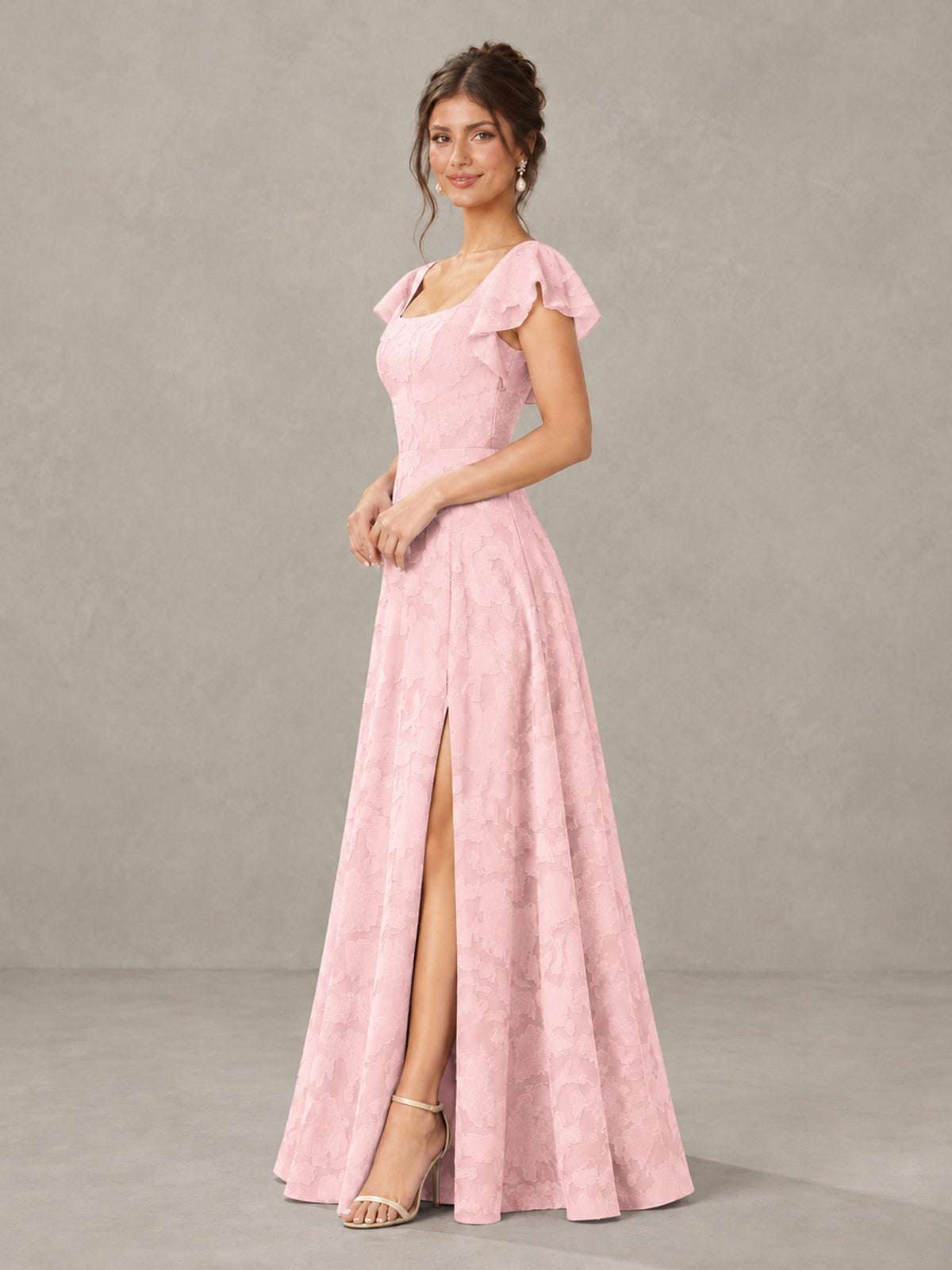 BOLODOO Blush Pink Floral Flutter Sleeve Bridesmaid Dress with Slit - Blush Pink - Blush Pink (3)
