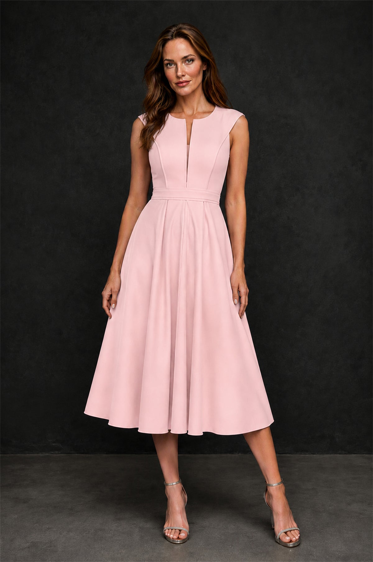 BOLODOO Blush Pink 3D Rosette Appliqué 3/4 Sleeve Jacket & V-Notch Sleeveless A-Line Tea-Length Two-Piece Dress Set - Blush Pink