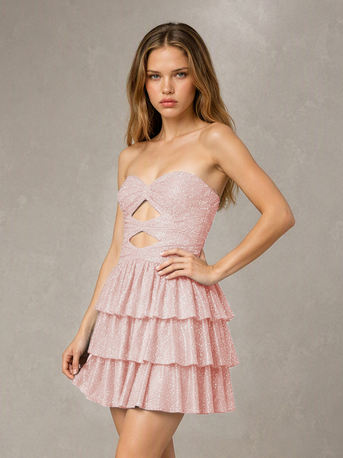 BOLODOO Blush Pink Strapless Sweetheart Cutout Glitter Tiered Ruffle Mini Dress | Lace-Up Back Corset - Blush Pink