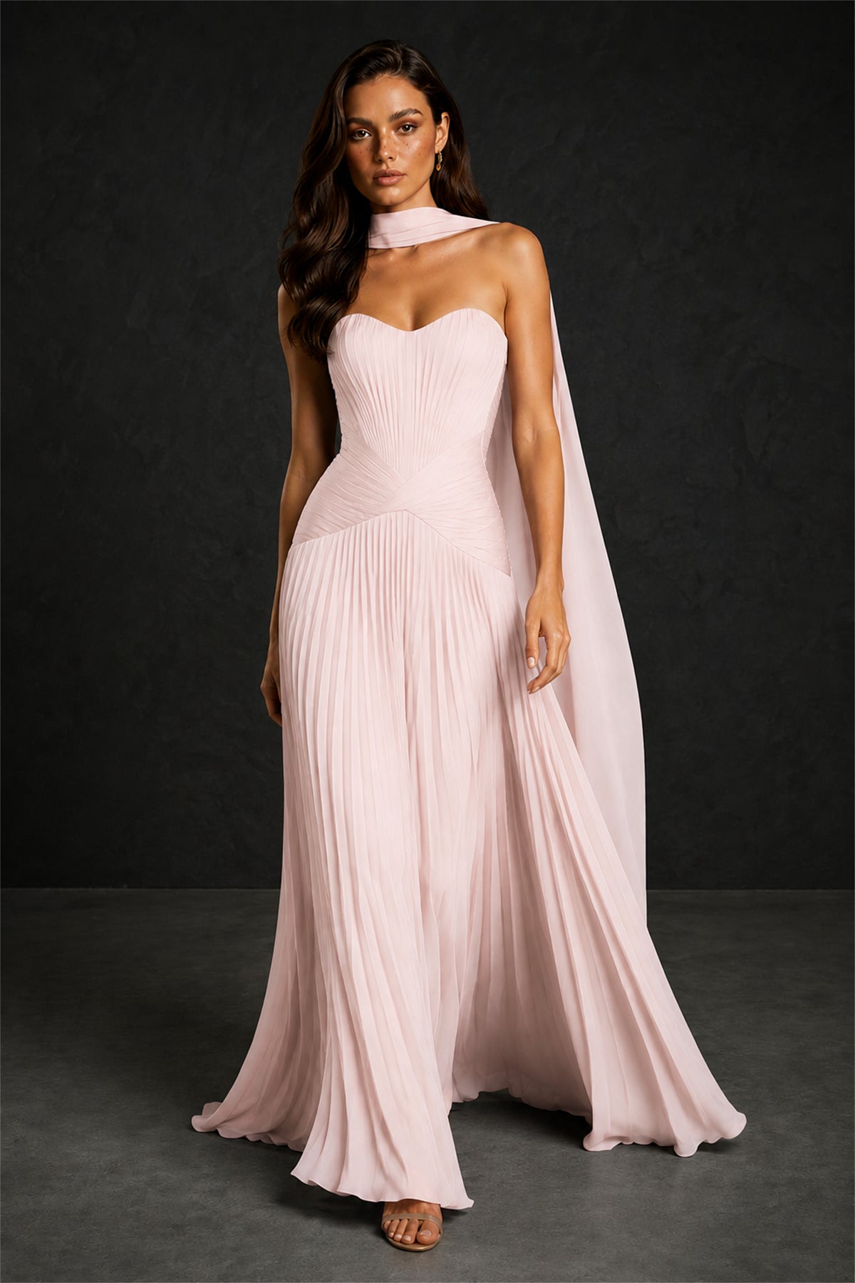 BOLODOO Blush Pink Sweetheart Strapless Neck Scarf Pleated Backless A-Line Chiffon Maxi Dress - Blush Pink