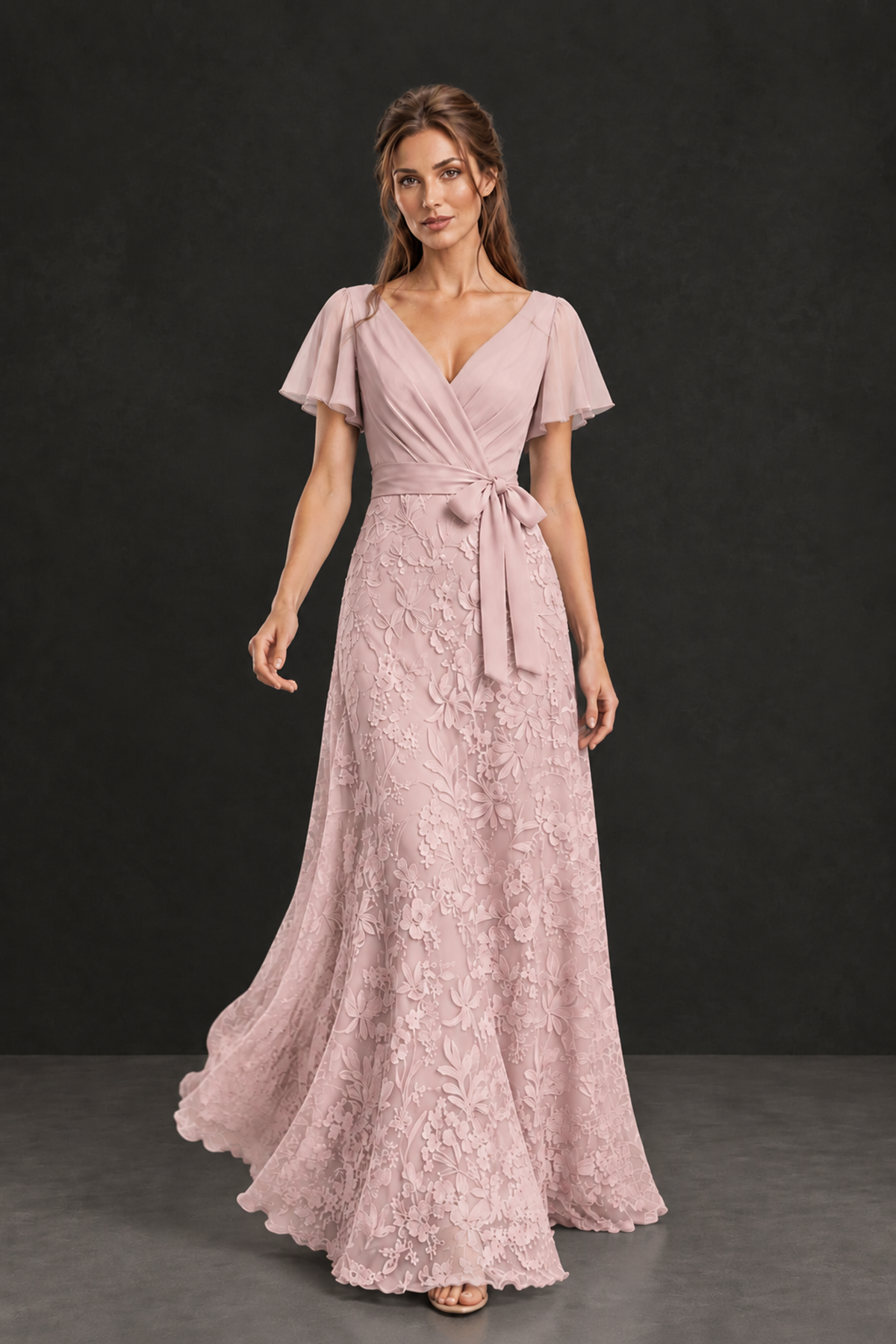 BOLODOO Blush Pink Flutter Sleeve Lace Mother of the Bride Dress - Blush Pink