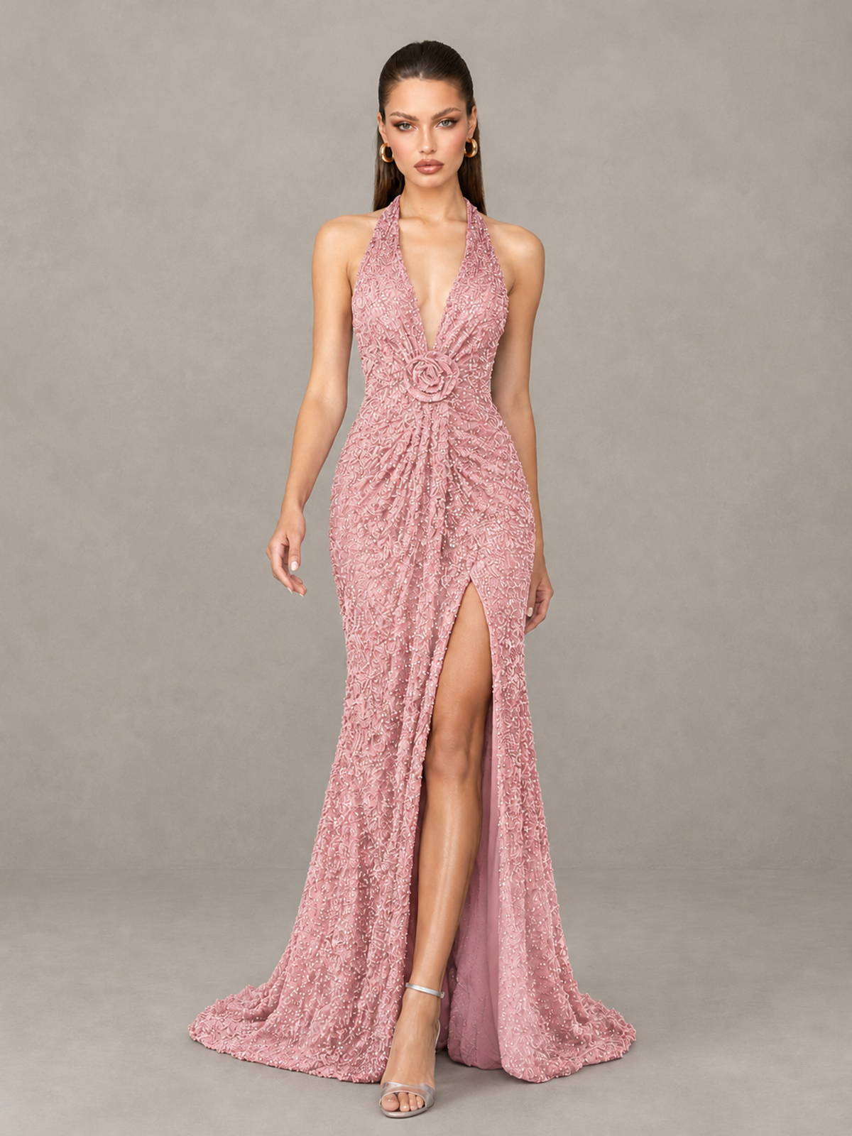 BOLODOO Blush Pink Sequin Halter Open Back Evening Gown with High Slit - Blush Pink - Blush Pink (4)