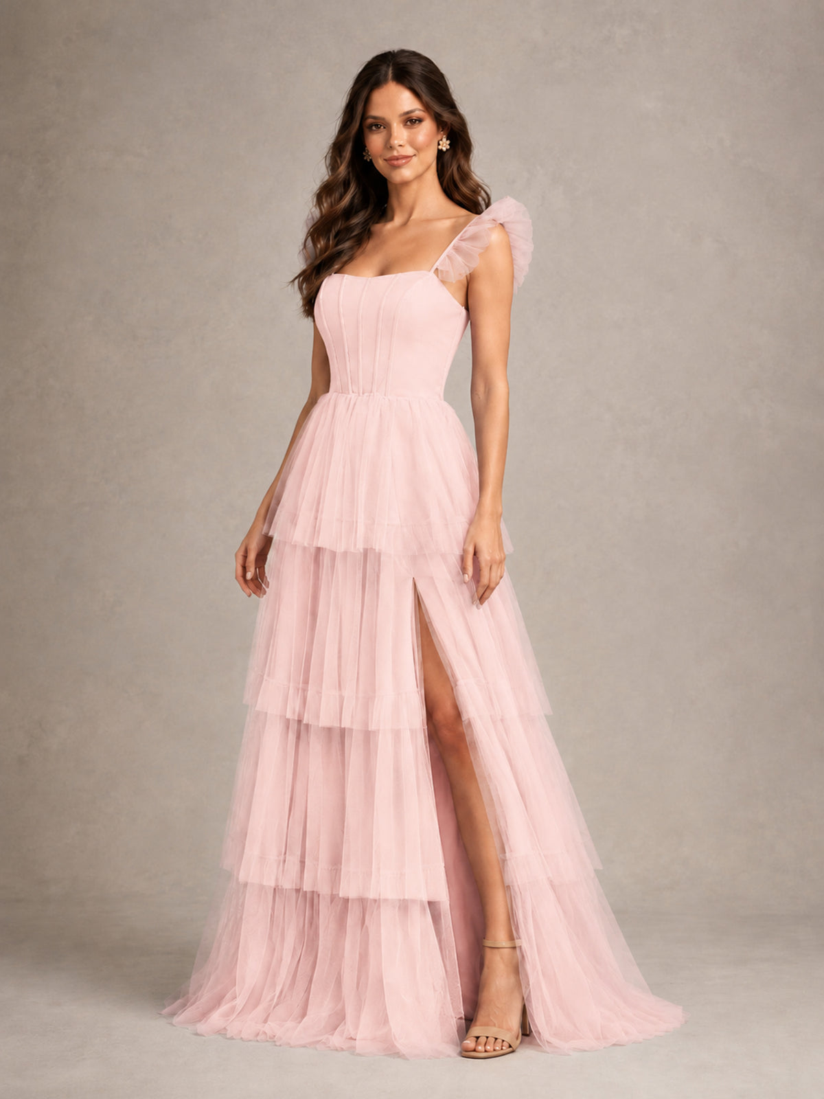BOLODOO Blush Pink Tiered Tulle Bridesmaid Dress with Slit - Blush Pink - Blush Pink (4)