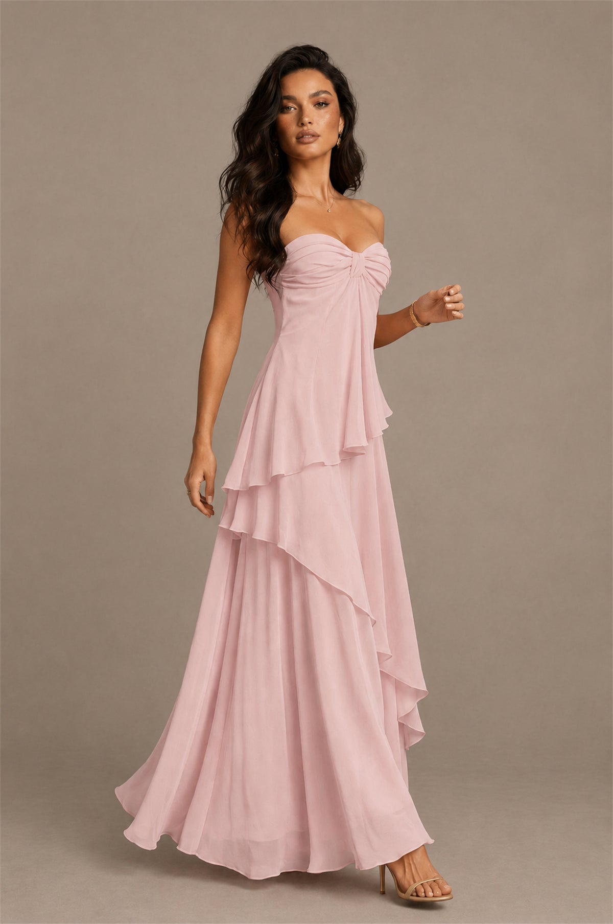 BOLODOO Blush Pink Strapless Sweetheart Knotted Chiffon Tiered Maxi Dress with Lace-Up Back - Blush Pink