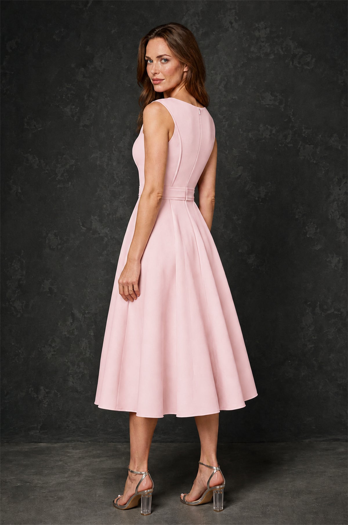 BOLODOO Blush Pink 3D Rosette Appliqué 3/4 Sleeve Jacket & V-Notch Sleeveless A-Line Tea-Length Two-Piece Dress Set - Blush Pink
