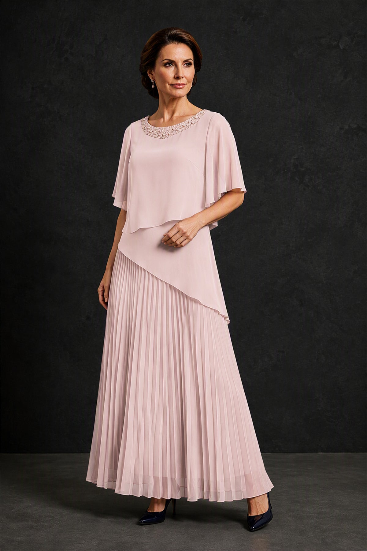 BOLODOO Blush Pink Pearl Beaded Neck Asymmetric Tiered Flutter Sleeve Pleated Chiffon Maxi Dress - Blush Pink