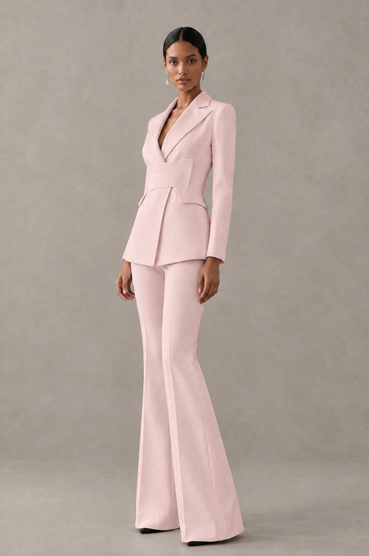 BOLODOO Blush Pink Two-Piece Pantsuit with Tailored Blazer & Flared Pants - Blush Pink - Blush Pink (4)