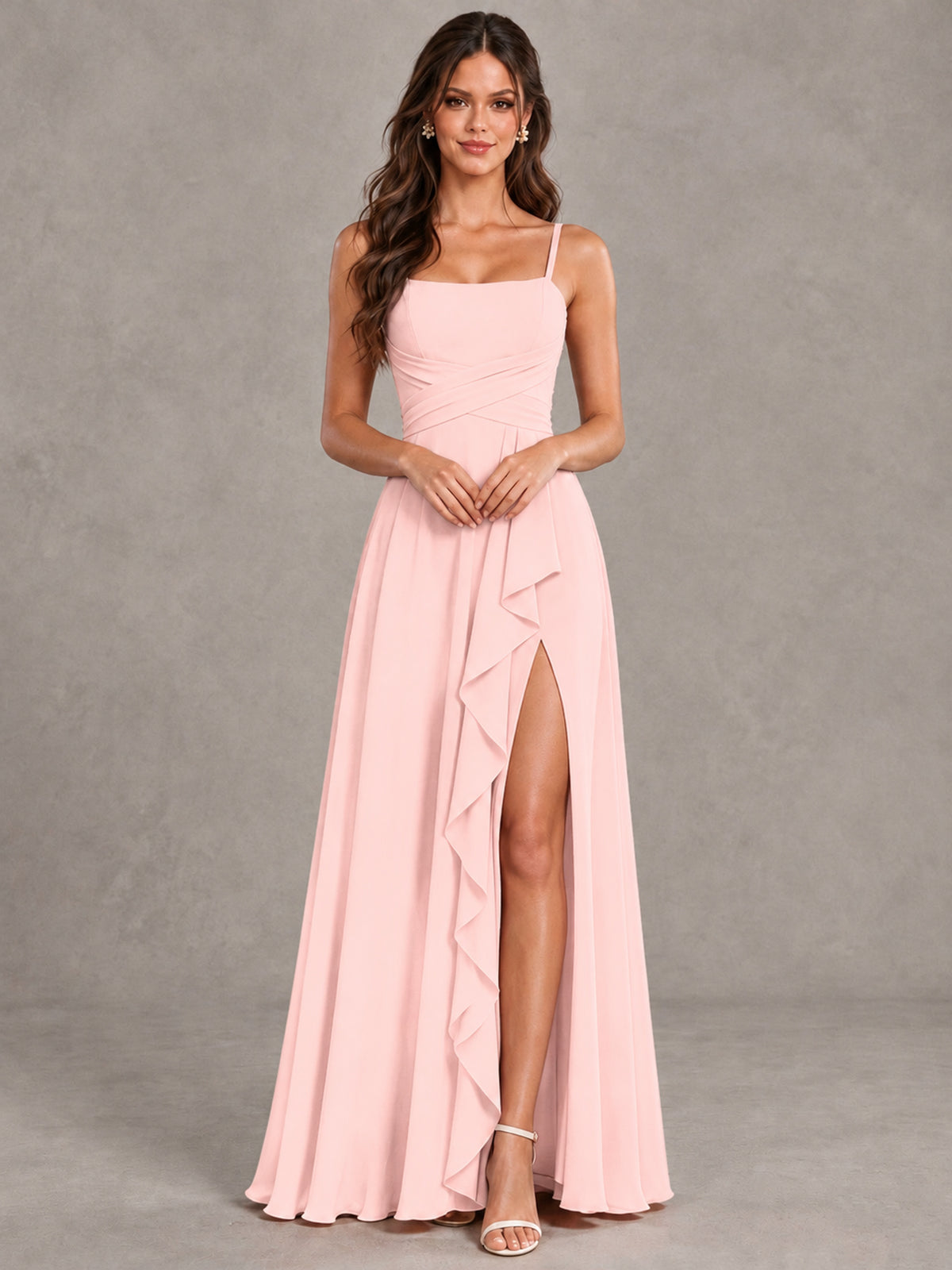 BOLODOO Blush Pink Spaghetti Strap Ruffle Bridesmaid Dress with Slit - Blush Pink - Blush Pink (4)