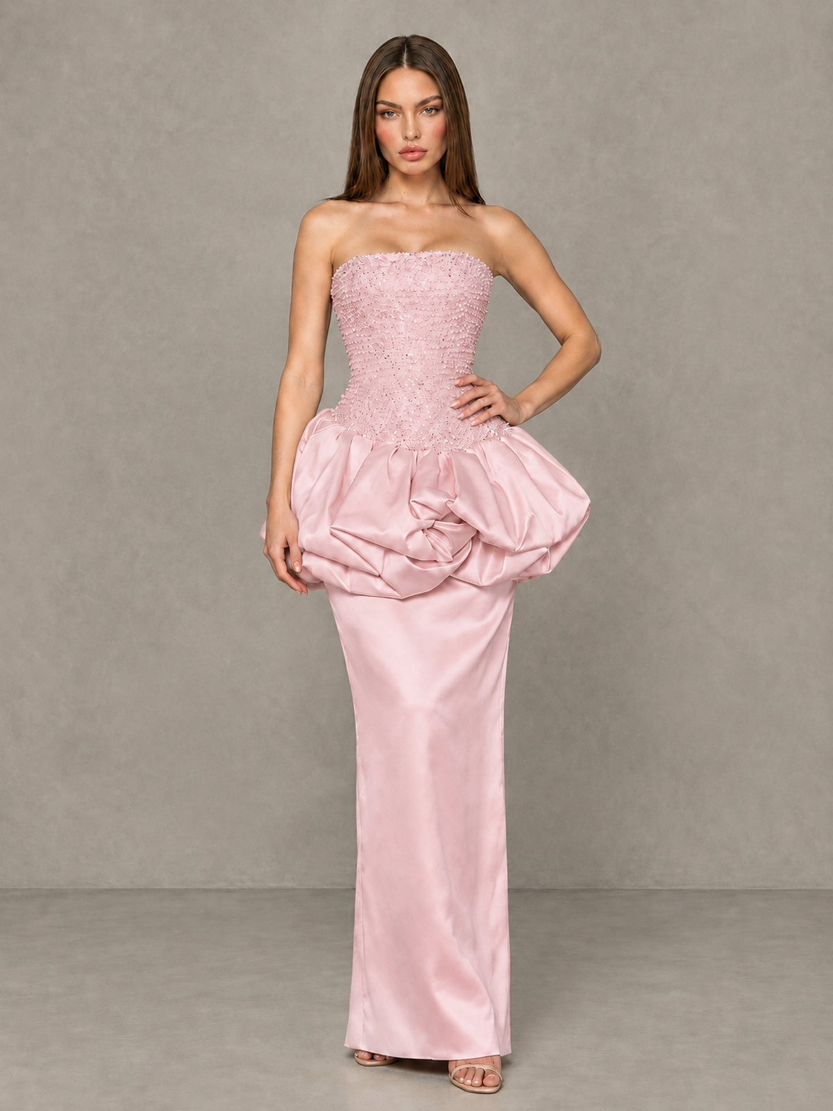 BOLODOO Blush Pink Strapless Embellished Bubble Peplum Evening Dress - Blush Pink - Blush Pink (4)