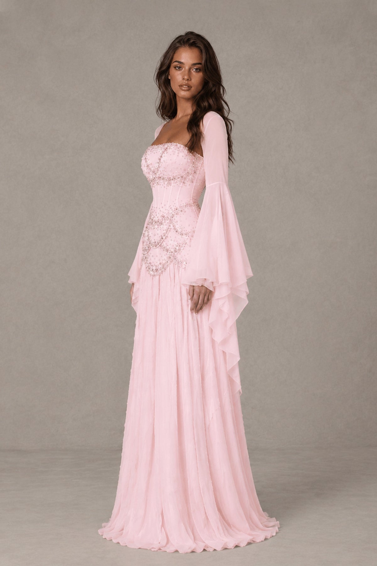 BOLODOO Blush Pink Embellished Corset Gown with Long Bell Sleeves - Blush Pink