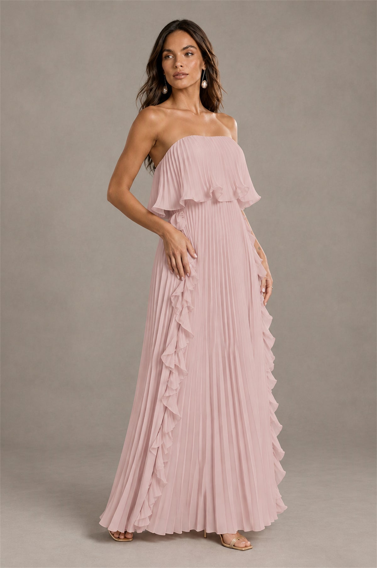 BOLODOO Blush Pink Strapless Ruffle Bodice Dual Cascading Ruffle Accordion Pleated Chiffon Maxi Dress - Blush Pink