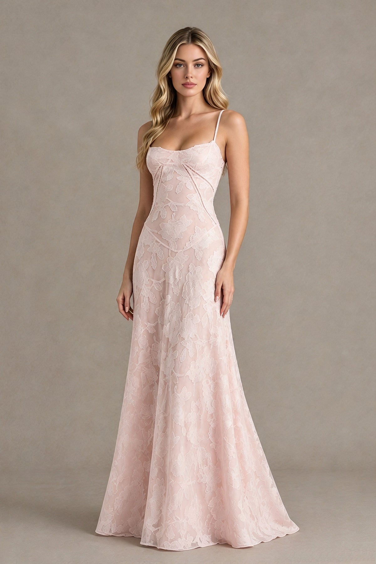 BOLODOO Blush Pink Floral Lace Wedding Guest Dress Spaghetti Straps Prom Dress - Blush Pink - Blush Pink (4)
