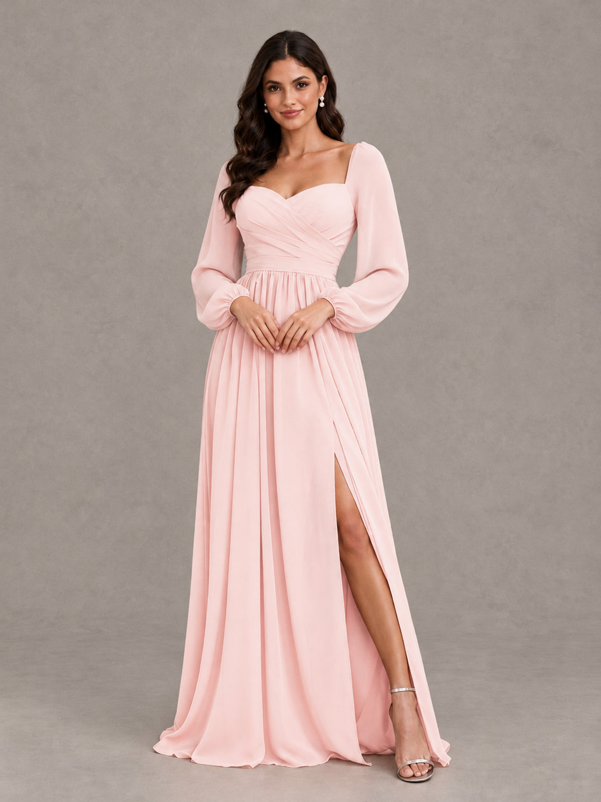 BOLODOO Blush Pink Long Sleeve Chiffon Bridesmaid Dress with Slit - Blush Pink - Blush Pink (4)