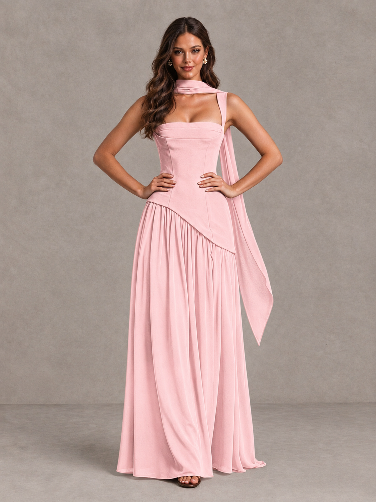 BOLODOO Blush Pink Brown Scarf Bridesmaid Dress with Lace-Up Back - Blush Pink - Blush Pink (4)