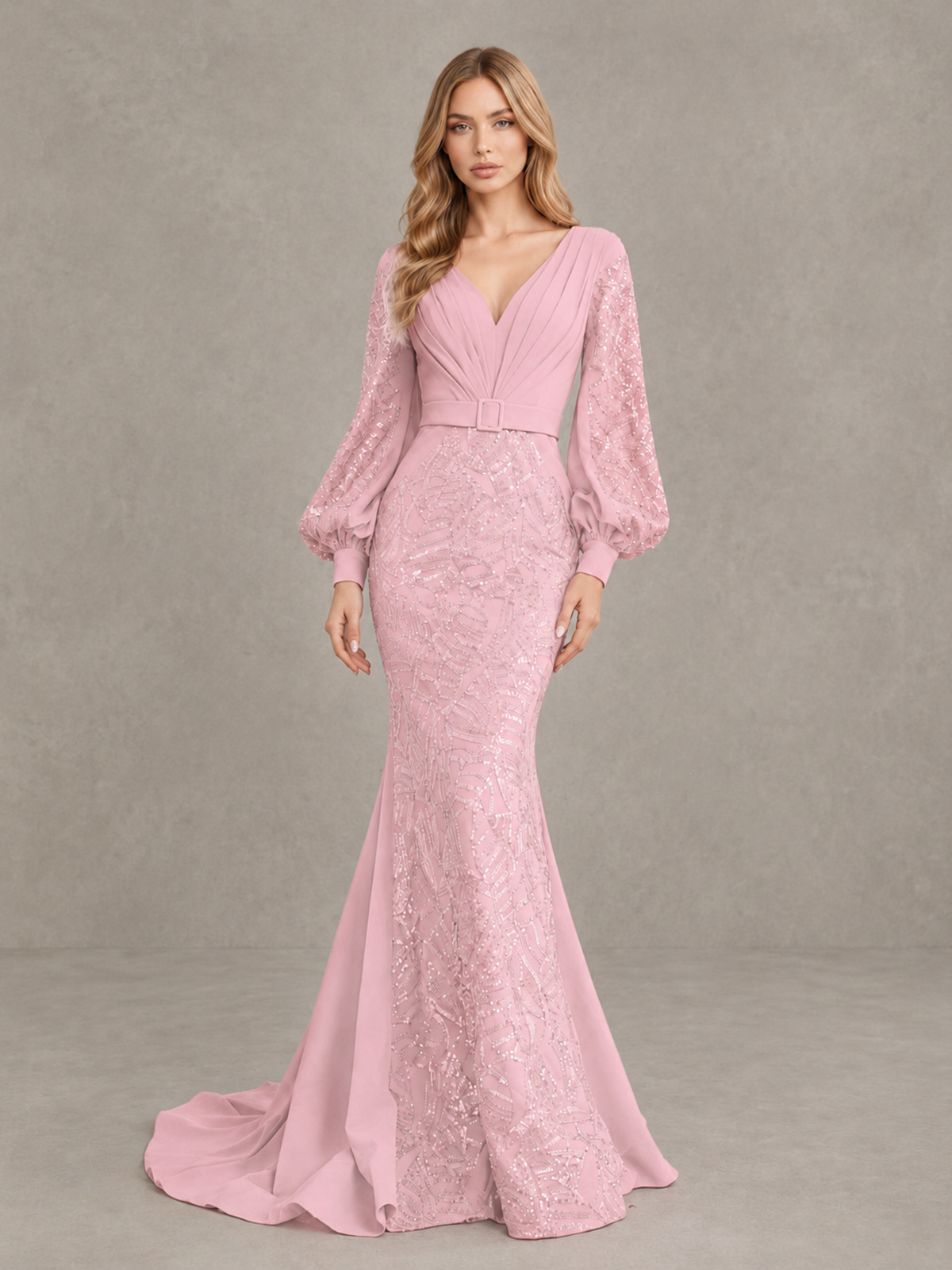 BOLODOO Blush Pink Sequin Long Bishop Sleeve Mermaid Evening Dress - Blush Pink - Blush Pink (4)