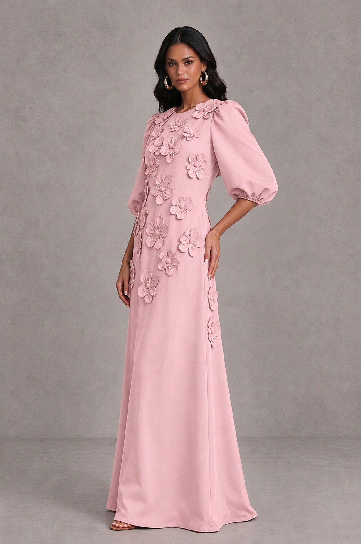 BOLODOO Blush Pink Floral Applique Puff Sleeve A-Line Evening Dress - Blush Pink - Blush Pink (4)