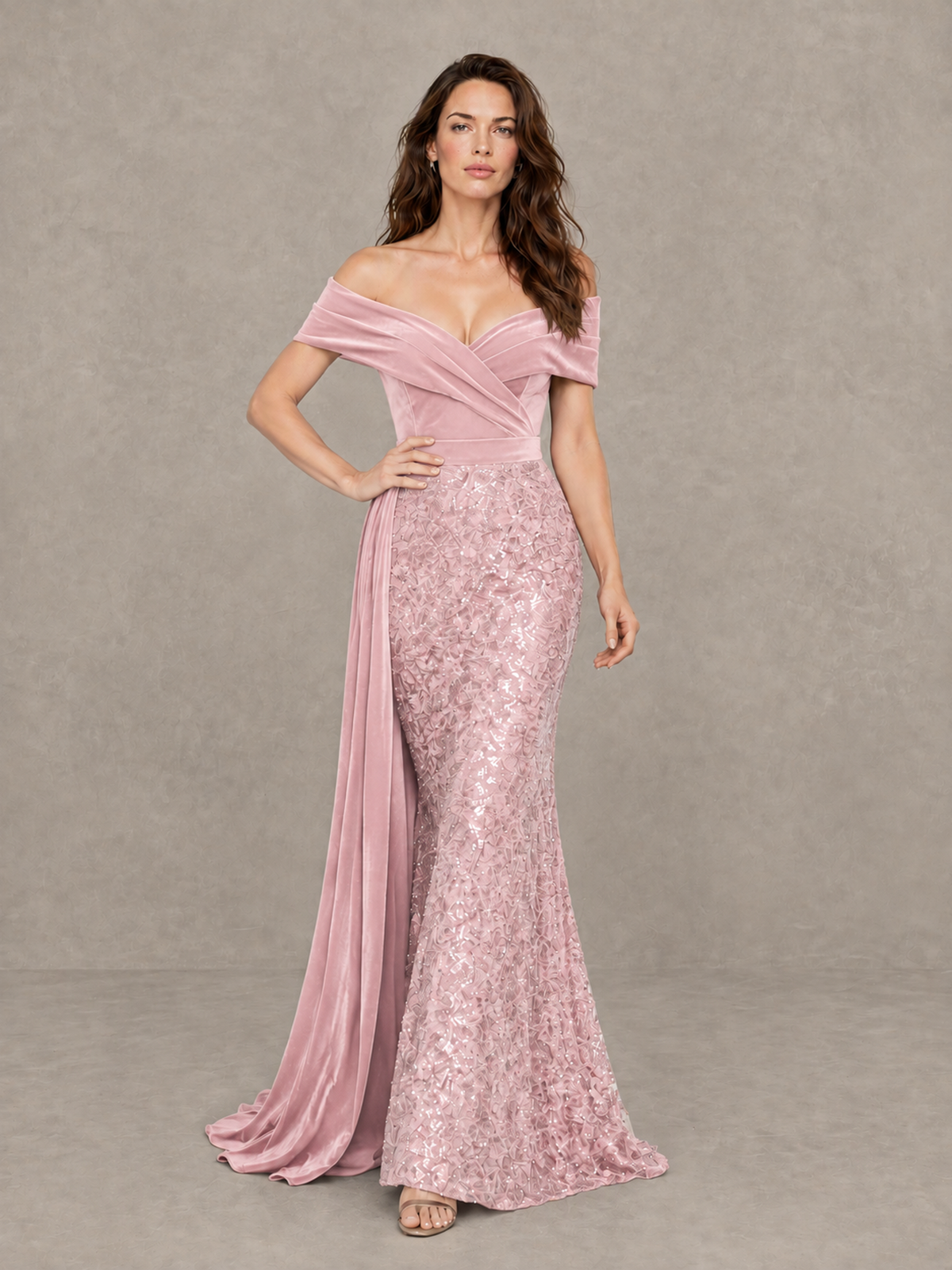 BOLODOO Blush Pink Off-Shoulder Velvet & Sequin Evening Gown with Side Train - Blush Pink - Blush Pink (4)
