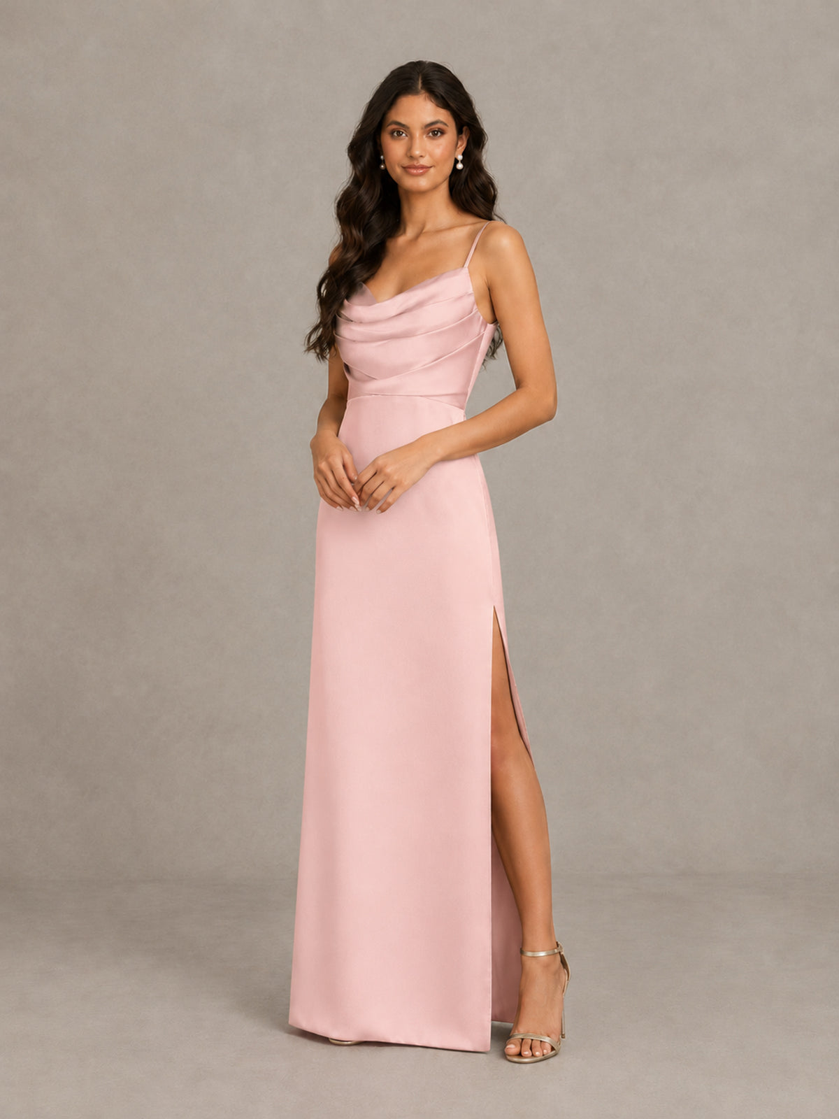 BOLODOO Blush Pink Cowl Neck Satin Bridesmaid Dress with Slit - Blush Pink - Blush Pink (4)
