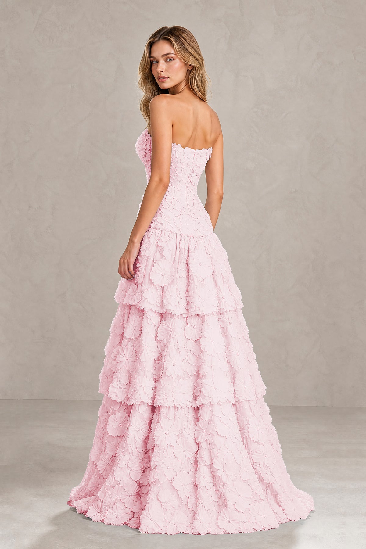 BOLODOO Blush Pink Strapless 3D Floral Tiered Evening Gown - Blush Pink
