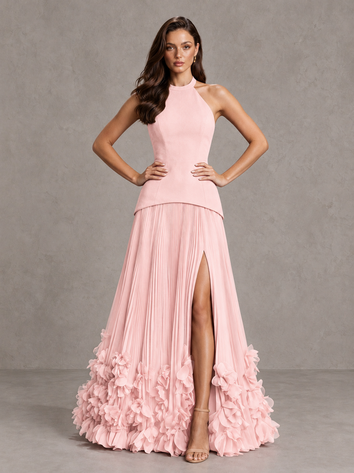 BOLODOO Blush Pink Halter Neck Floor-Length Evening Gown with High Slit & 3D Floral Hem - Blush Pink - Blush Pink (4)