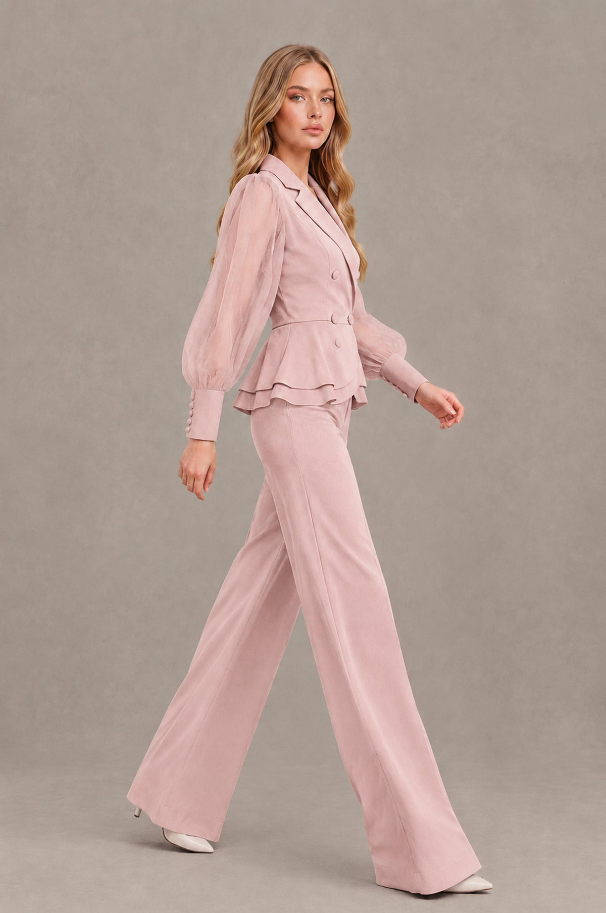 BOLODOO Mint Blush Pink Peplum Blazer Wide-Leg Pantsuit with Sheer Puff Sleeves - Blush Pink
