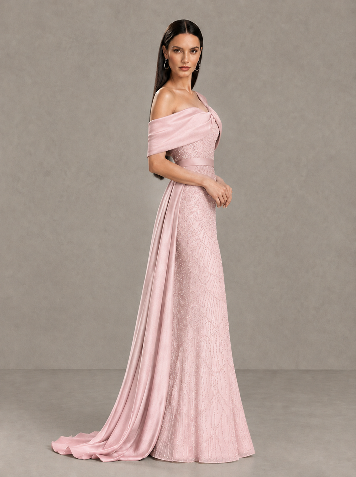 BOLODOO Blush Pink Asymmetric Draped Mermaid Evening Gown with Train - Blush Pink - Blush Pink (4)