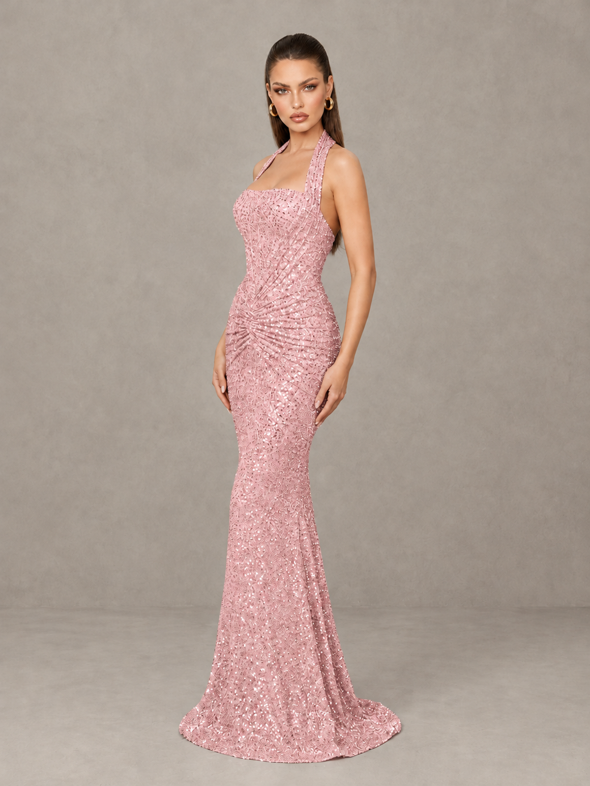 BOLODOO Blush Pink Sequin Halter Mermaid Evening Gown - Blush Pink - Blush Pink (4)