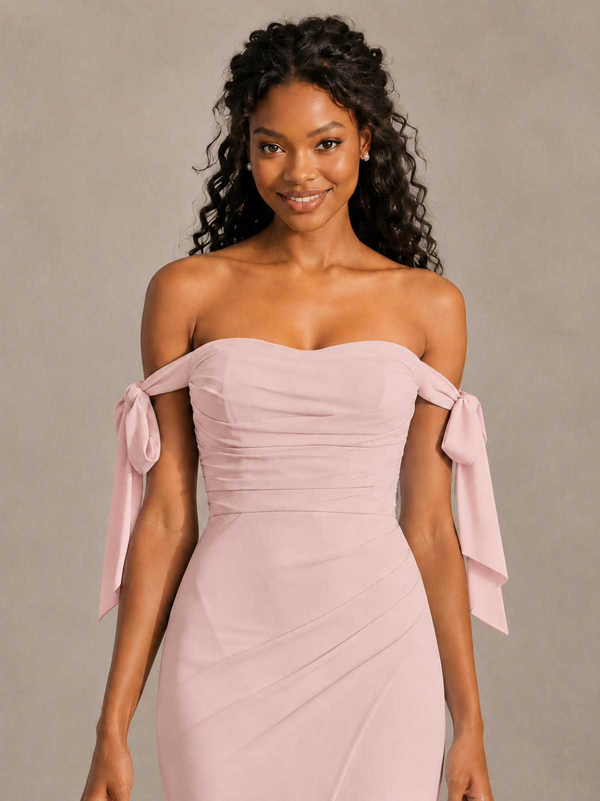 Blush Pink Off-Shoulder Bow Bridesmaid Dress with Slit - Blush Pink - Blush Pink (4)