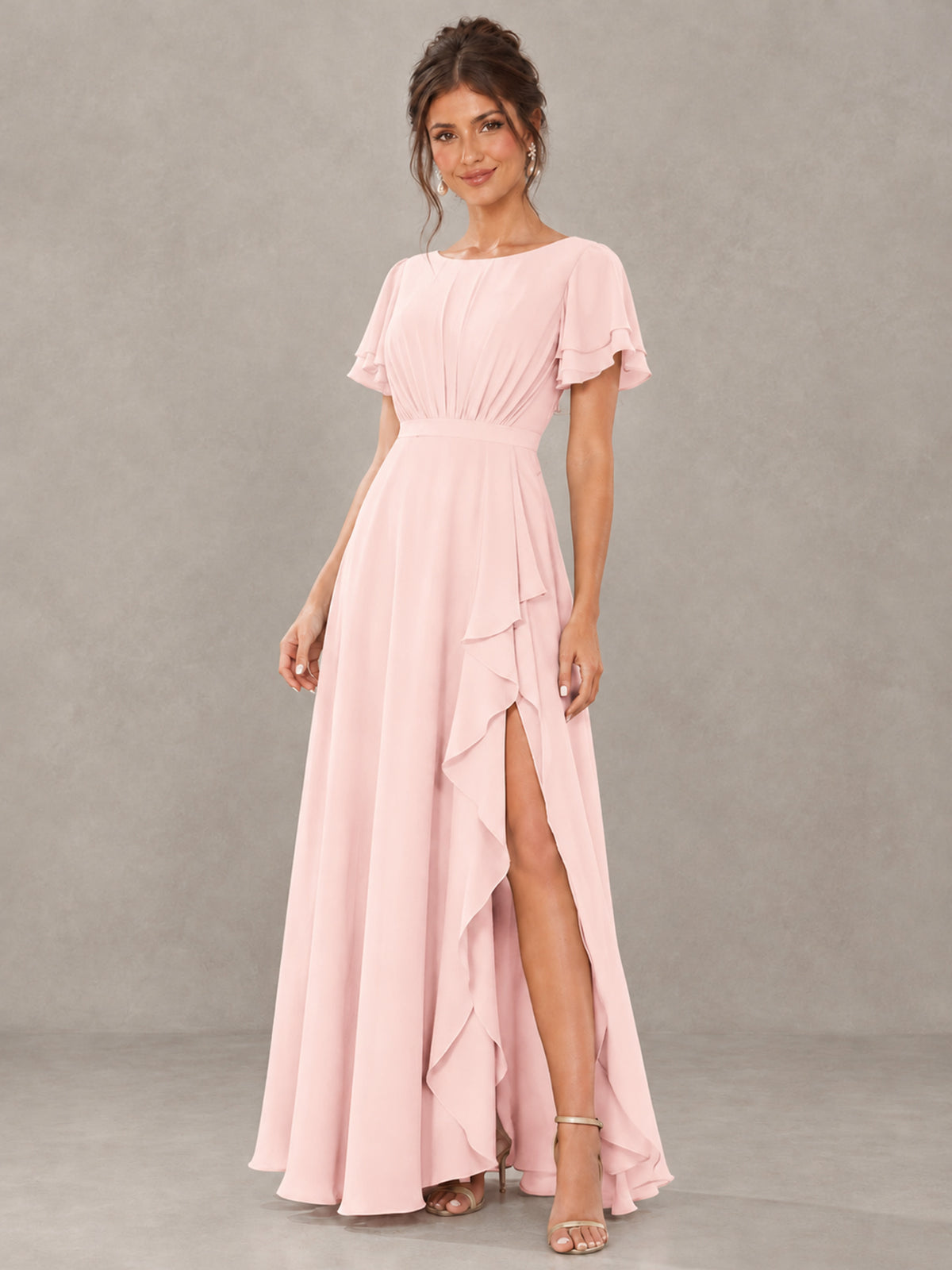 BOLODOO Blush Pink Flutter Sleeve Ruffle Bridesmaid Dress with Slit - Blush Pink - Blush Pink (4)