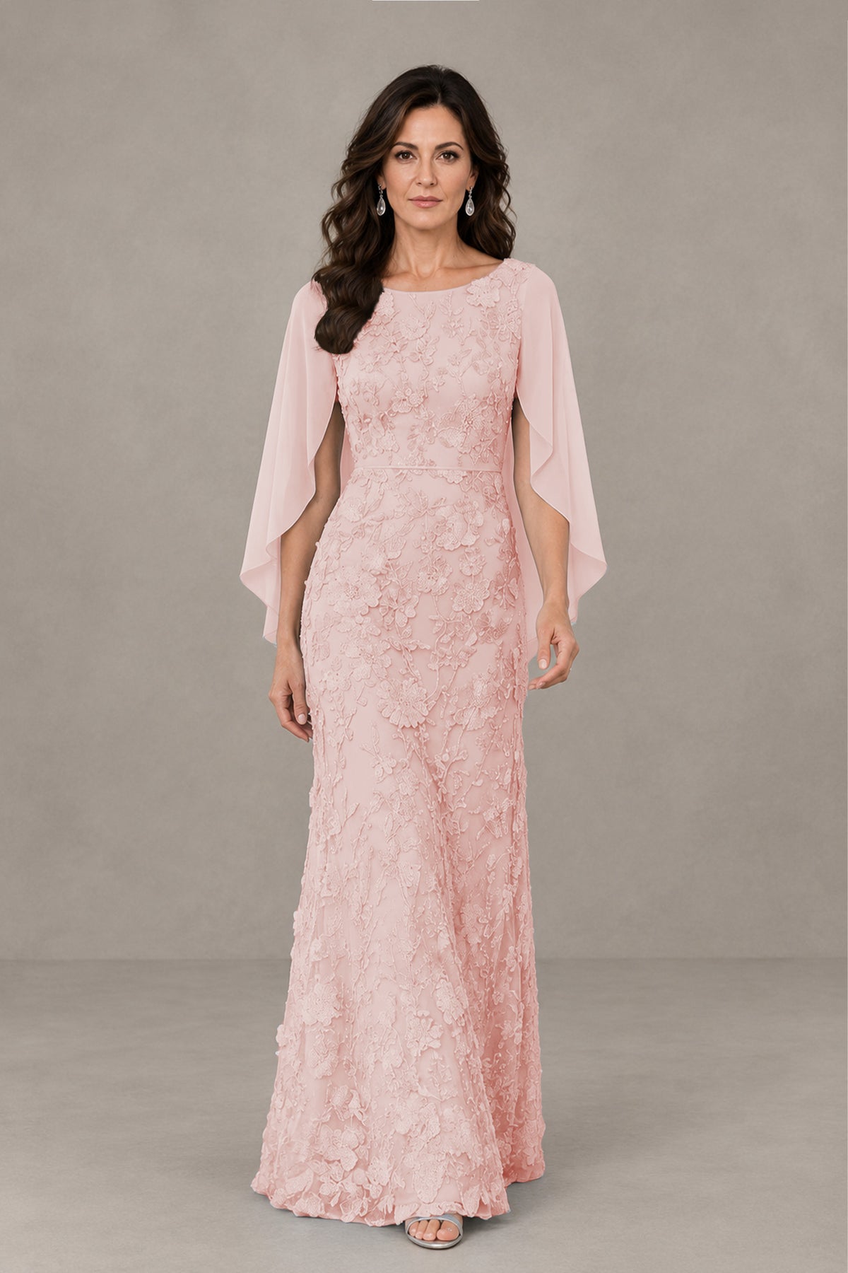 BOLODOO Blush Pink Lace Mother of the Bride Dress with Cape Sleeves - Blush Pink