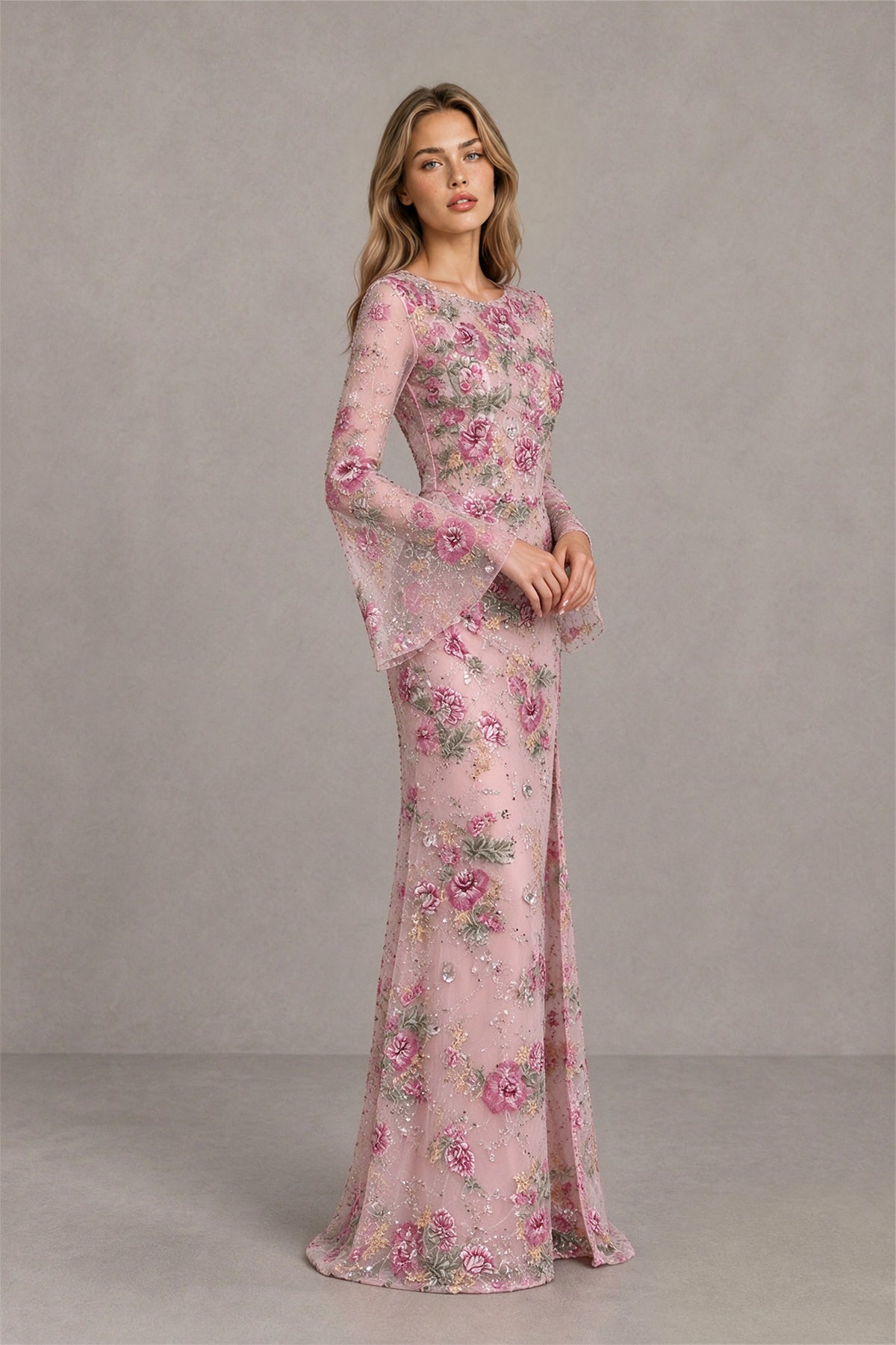 BOLODOO Floral Embroidered Tulle Blush Pink Mermaid Gown with Long Bell Sleeves - Blush Pink