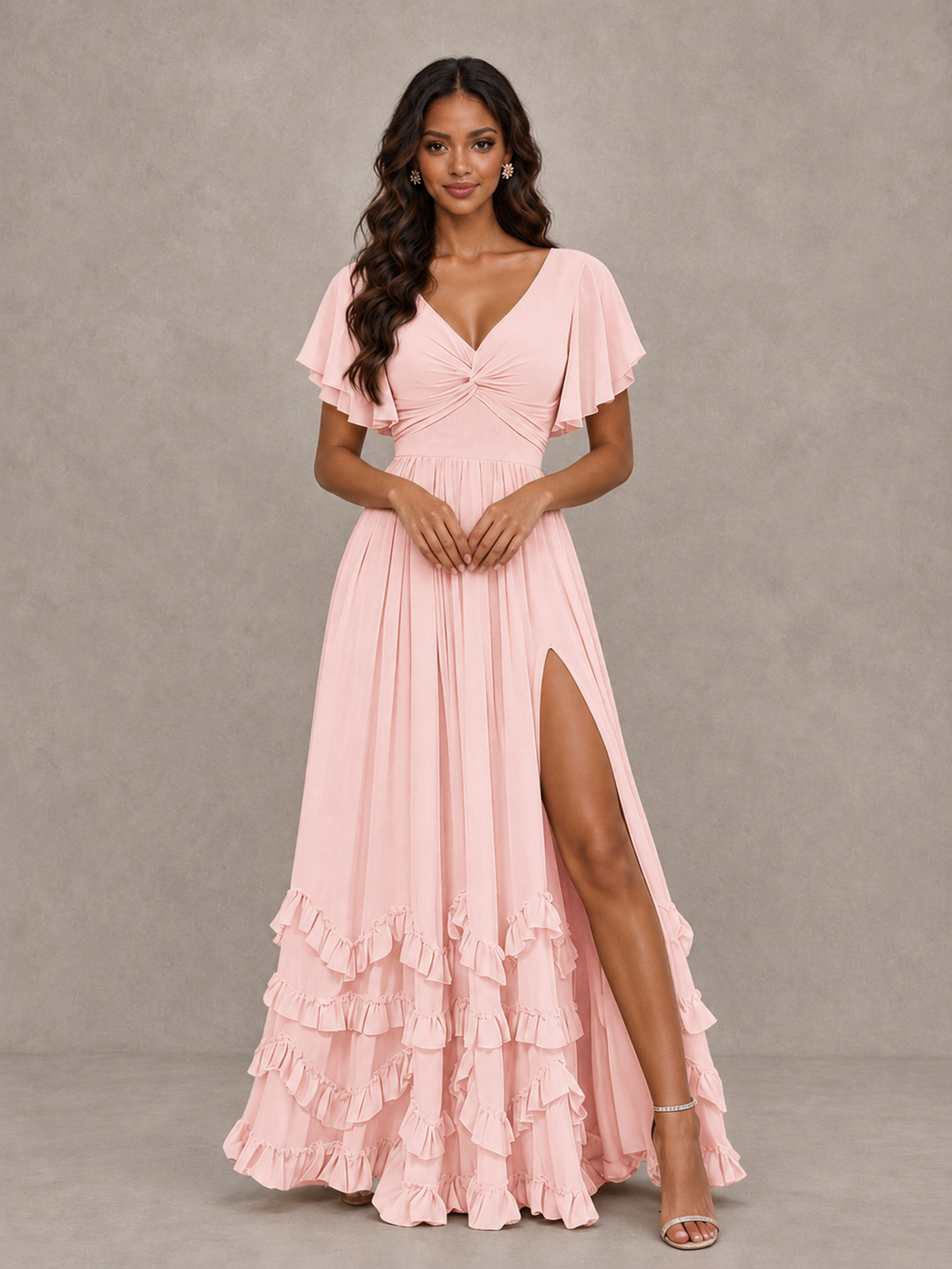 BOLODOO Blush Pink V-Neck Flutter Sleeve Ruffle Bridesmaid Dress with Slit - Blush Pink - Blush Pink (4)