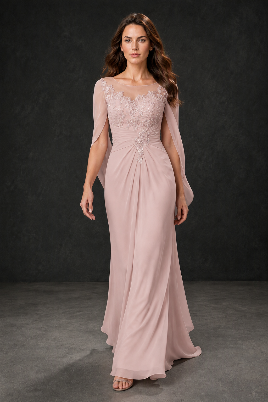 BOLODOO Blush Pink Illusion Lace One-Side Cape Sleeve Beaded Chiffon Floor Length Gown | Mother of the Bride Evening Dress - Blush Pink - Blush Pink