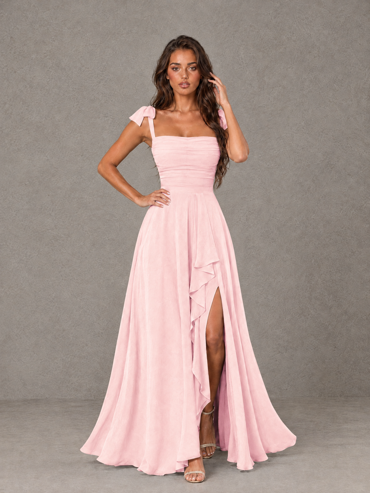BOLODOO Blush Pink Bow-Strap Bridesmaid Dress with Ruffle Slit - Blush Pink - Blush Pink (4)
