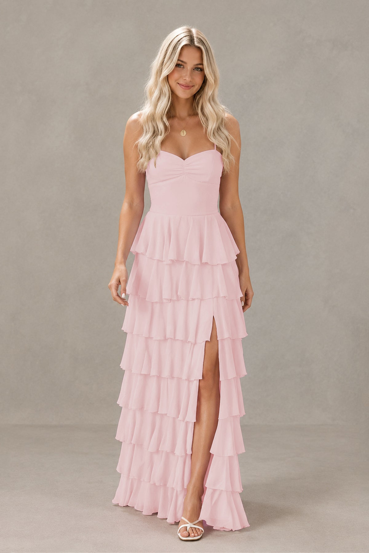 BOLODOO Blush Pink Strapless Tiered Ruffle Maxi Dress with Slit & Lace-Up Back - Blush Pink