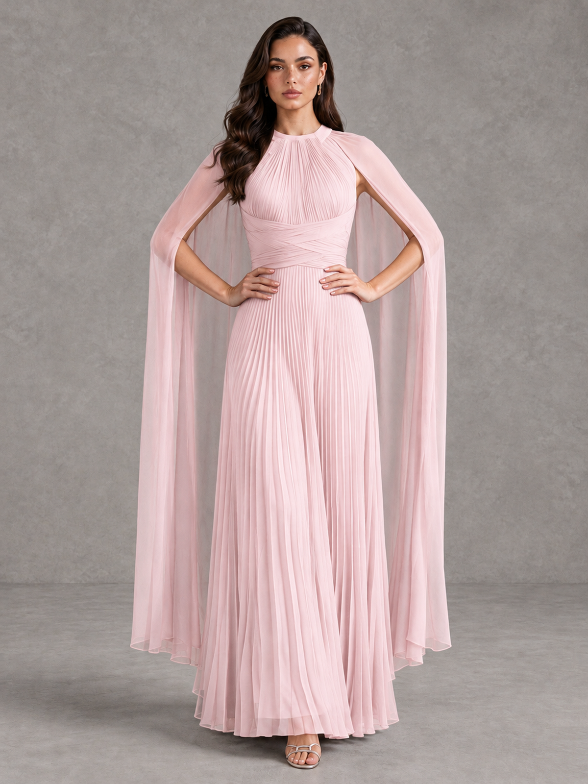 BOLODOO Blush Pink Pleated Cape Maxi Wedding Guest Dress - Blush Pink - Blush Pink (4)