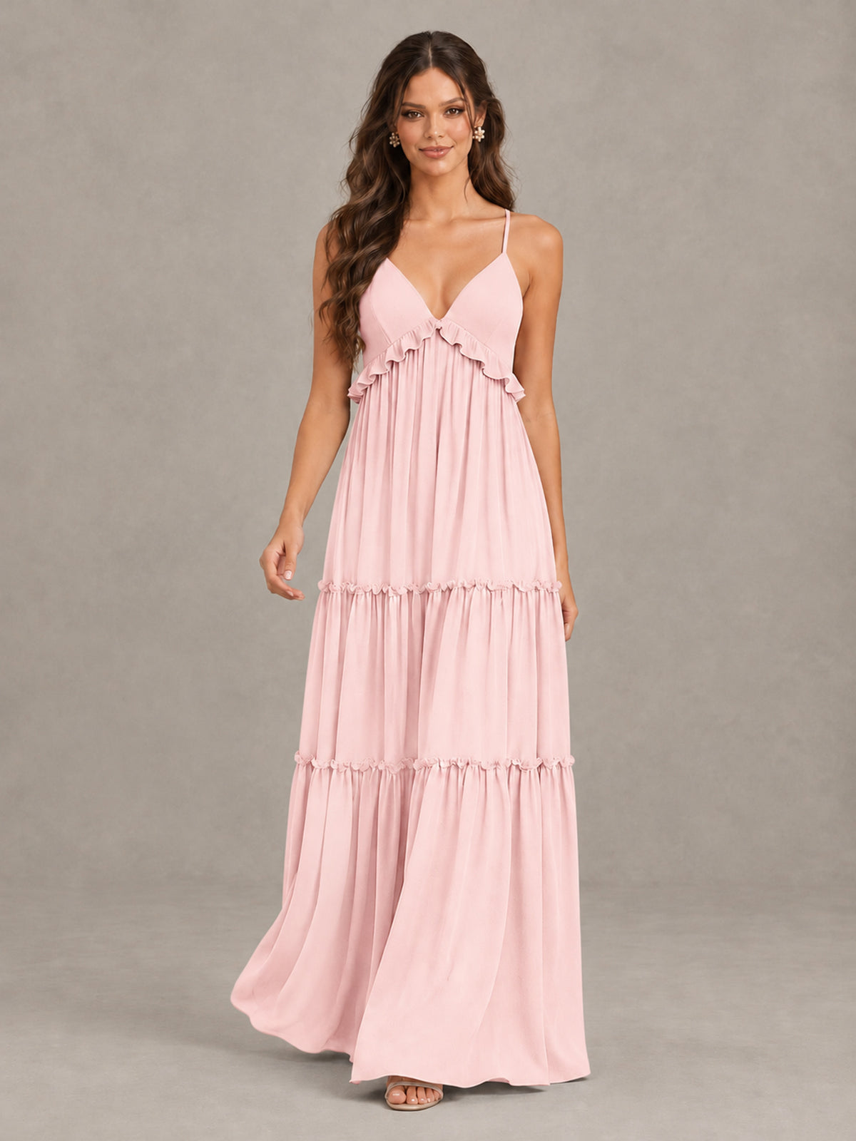 BOLODOO Blush Pink Tiered V-Neck Lace-Up Back Bridesmaid Dress - Blush Pink - Blush Pink (4)