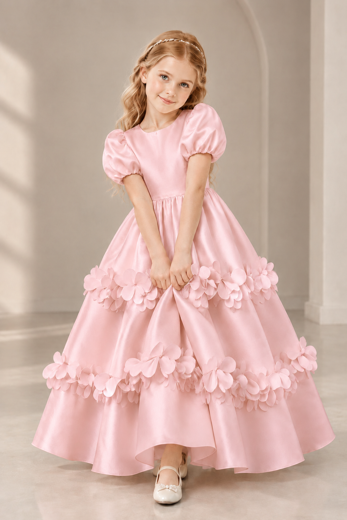 BOLODOO Blush Pink Satin Flower Girl Dress with Floral Appliques - Blush Pink