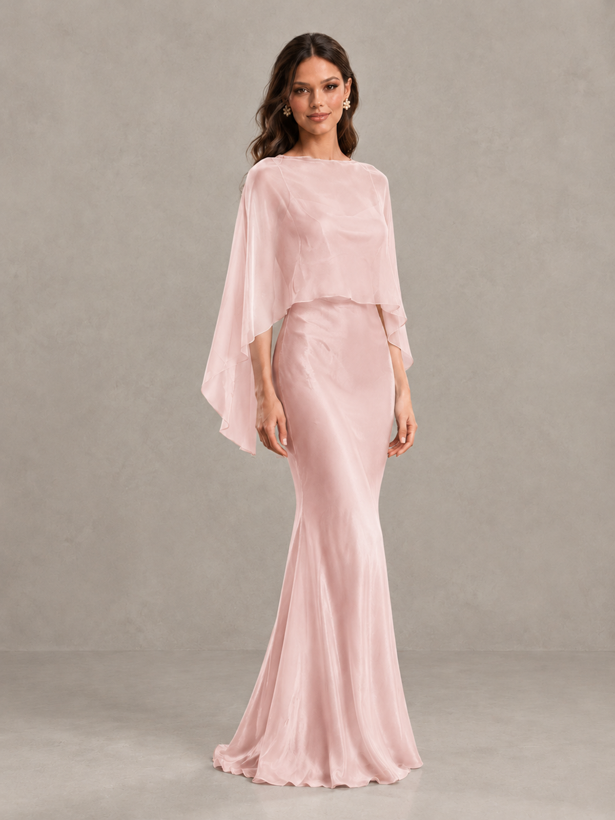 BOLODOO Blush Pink Satin Mermaid Bridesmaid Dress with Chiffon Cape - Blush Pink - Blush Pink (4)