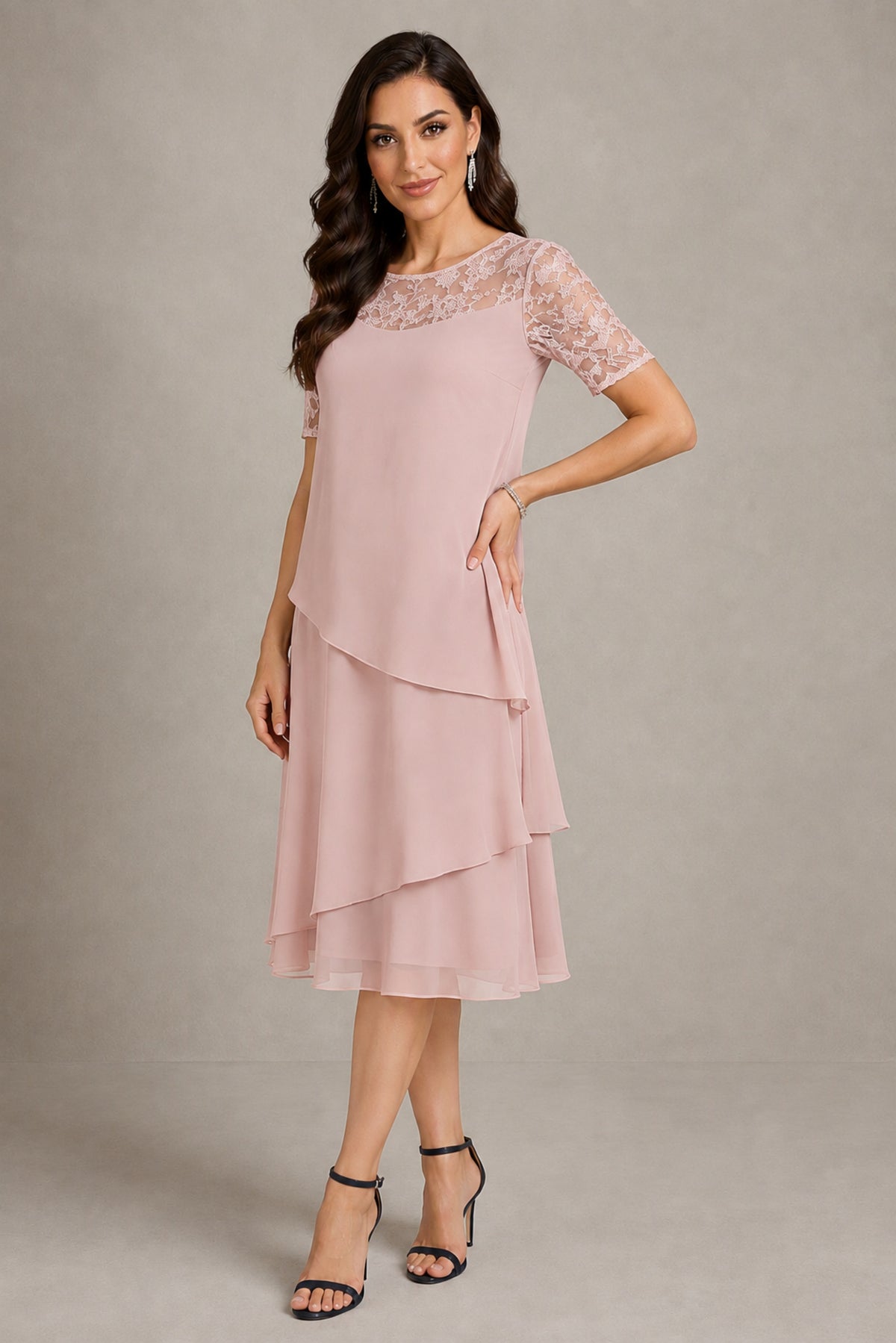 BOLODOO Blush Pink Illusion Lace Short Sleeve Tiered Chiffon Tea Length Dress | Mother of the Bride Midi Dress - Blush Pink