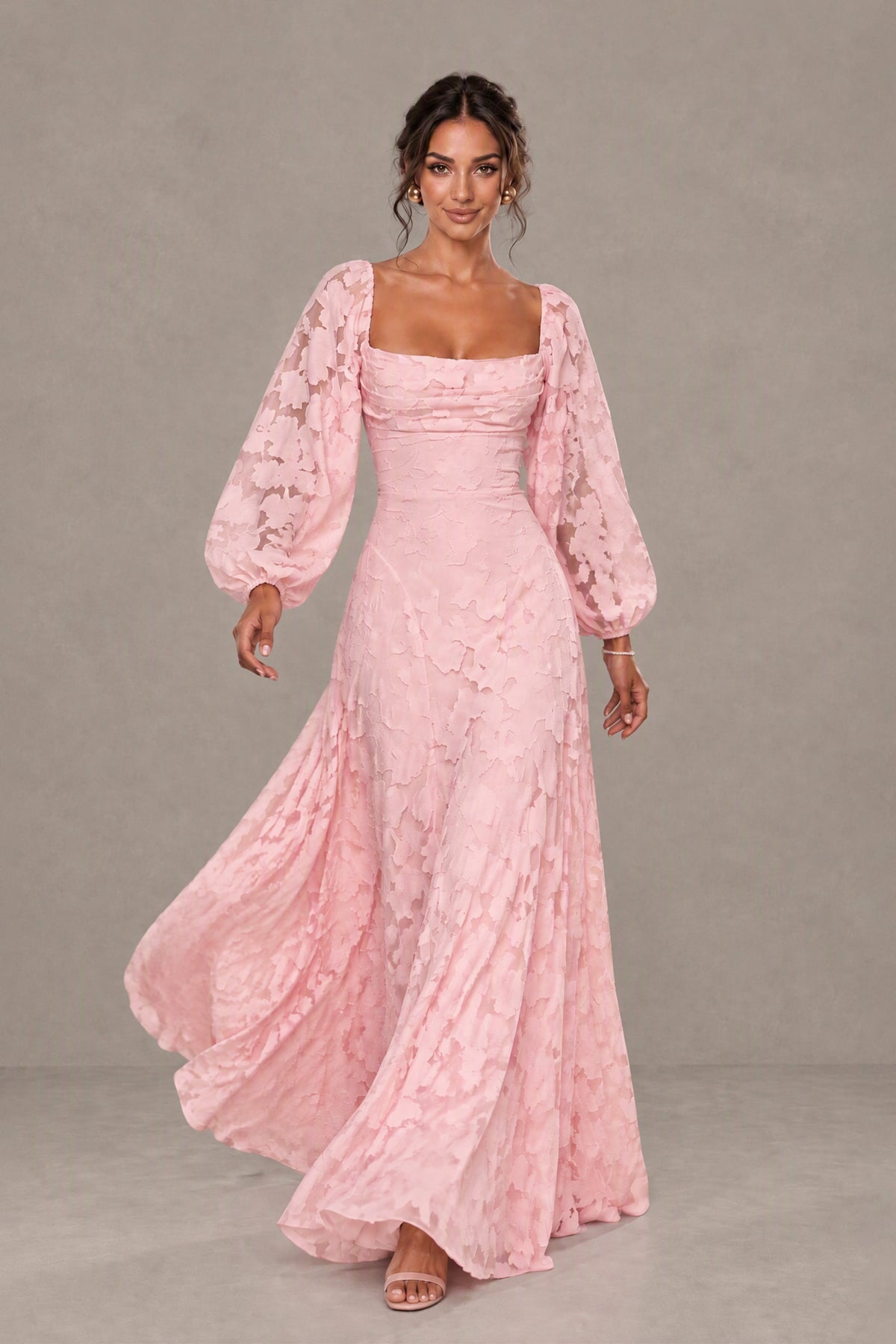 BOLODOO Floral Blush Pink Long Sleeve A-Line Dress with Lace-Up Back - Blush Pink