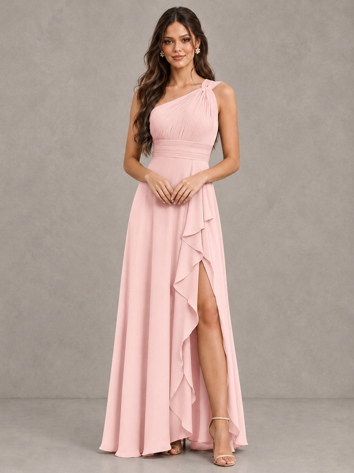 BOLODOO Blush Pink One-Shoulder Ruffle Bridesmaid Dress with Slit - Blush Pink - Blush Pink (4)