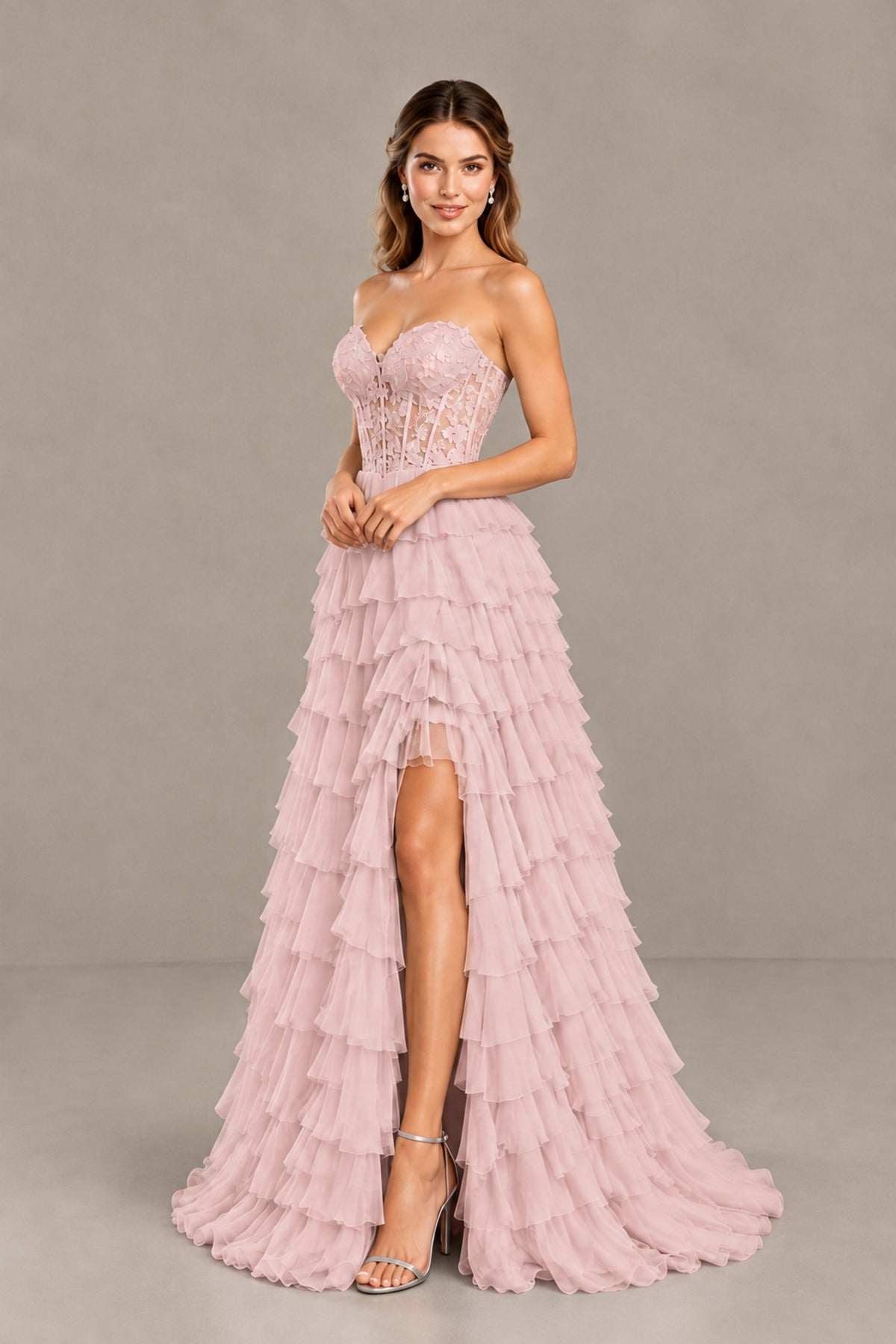 BOLODOO Blush Pink Strapless Lace Corset Tiered Ruffle Prom Dress with Slit - Blush Pink - Blush Pink (4)