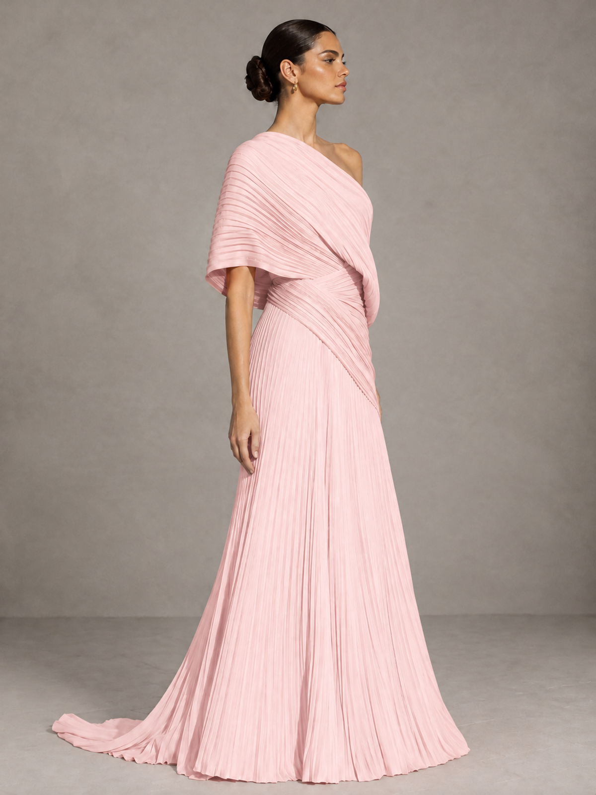 BOLODOO Blush Pink One-Shoulder Pleated Cape Evening Gown with Train - Blush Pink - Blush Pink (4)