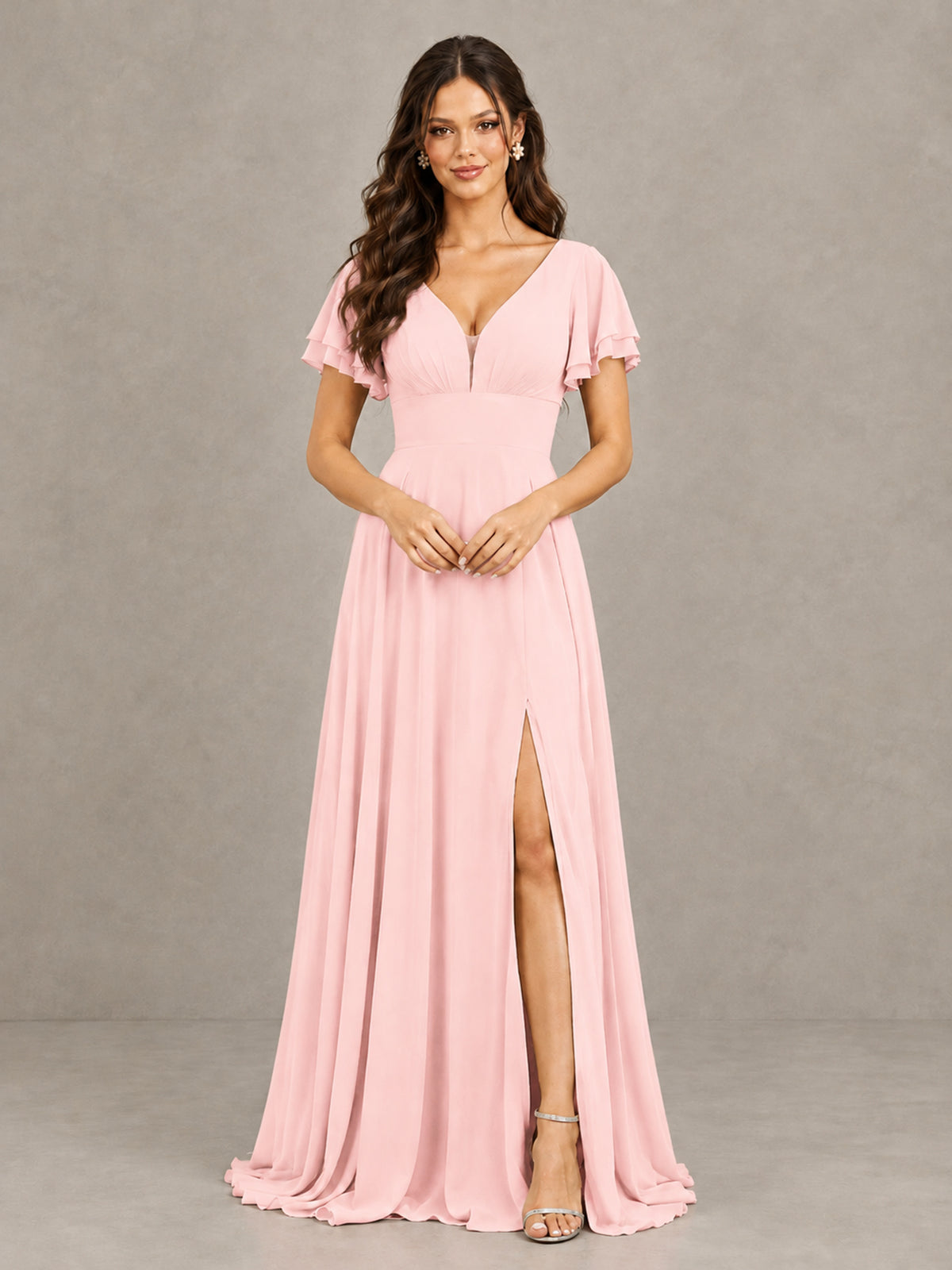 BOLODOO Blush Pink Flutter Sleeve Chiffon A-Line Maxi Bridesmaid Dress with Open Back & Slit - Blush Pink - Blush Pink (4)