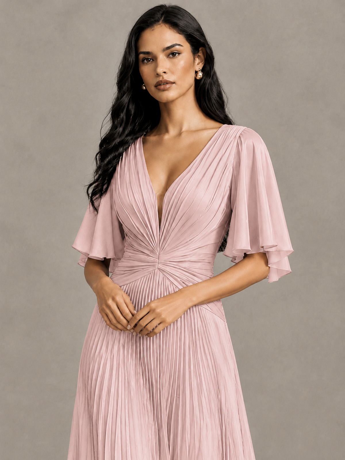 BOLODOO Blush Pink Pleated V-Neck Flutter Sleeve Bridesmaid Dress - Blush Pink - Blush Pink (4)