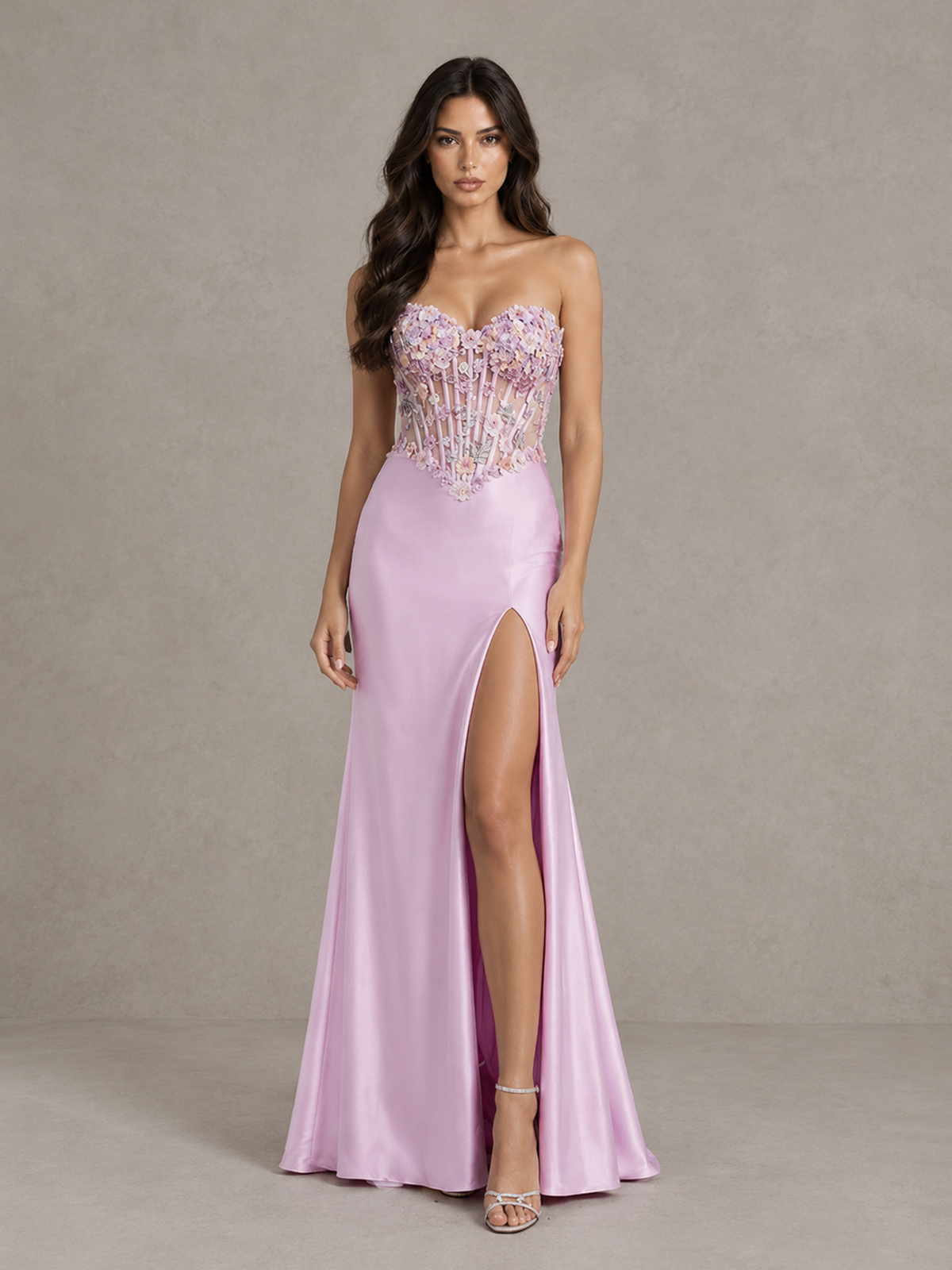 Blush Pink Strapless Floral Applique Prom Dress with High Slit - Blush Pink - Blush Pink (4)