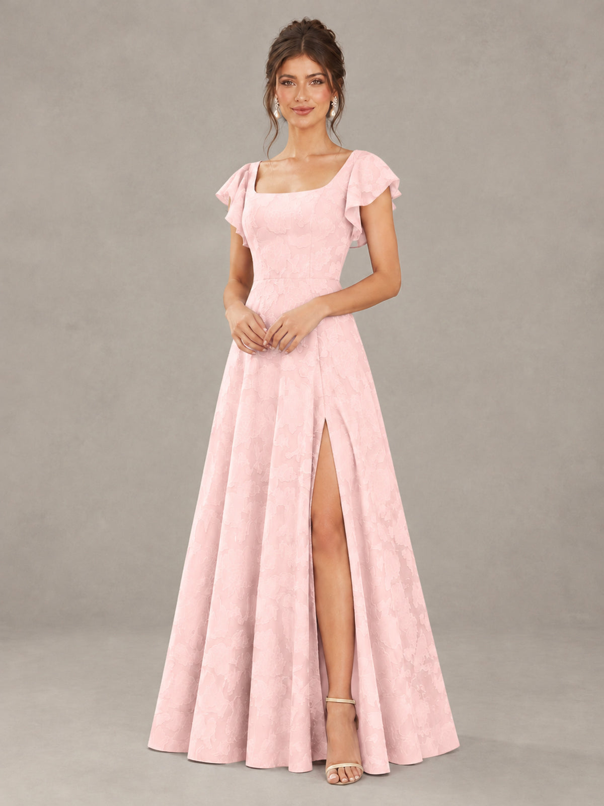BOLODOO Blush Pink Floral Flutter Sleeve Bridesmaid Dress with Slit - Blush Pink - Blush Pink (4)